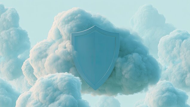 A pastel blue shield rests on a fluffy cloud against a soft sky