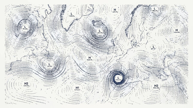 Intricate vector illustration of global atmospheric pressure systems with detailed hatching patterns