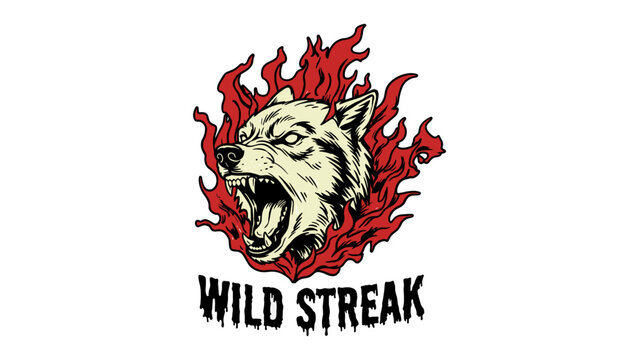 Aggressive wolf head surrounded by red flames with wild streak text logo for apparel design isolated on white background.