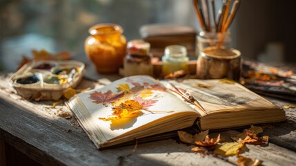 Naklejka premium book with painted autumn leaves