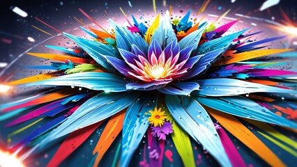 Fototapeta premium A vibrant and colorful artistic representation of a lotus flower surrounded by bright foliage and energetic splashes of color, symbolizing beauty and creativity in nature.