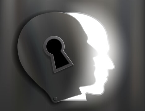 Door in the shape of a human head with a keyhole, light inside. Vector illustration