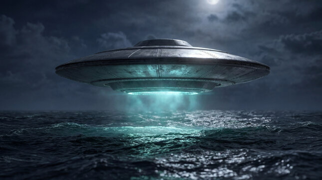 World UFO Day glowing flying saucer hovering over ocean waves under moonlight for maritime mystery celebration promotional material