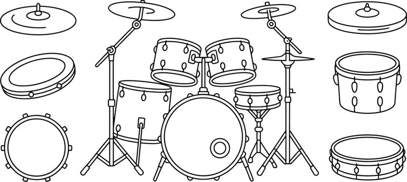 Drum set, drum kit, musical instruments, black and white, line art, vector illustration