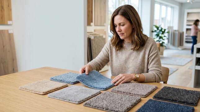 Woman selecting carpet samples while sitting at a table indoors  