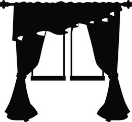 Window with draperies tulle curtains on cornice tied on side of tassel black silhouette, vector outline interior design © sabelskaya