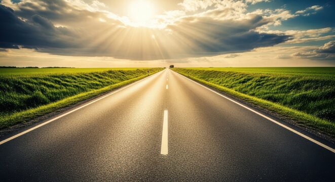 Long straight asphalt road with green grass verge under cloudy sky concrete divider straight road