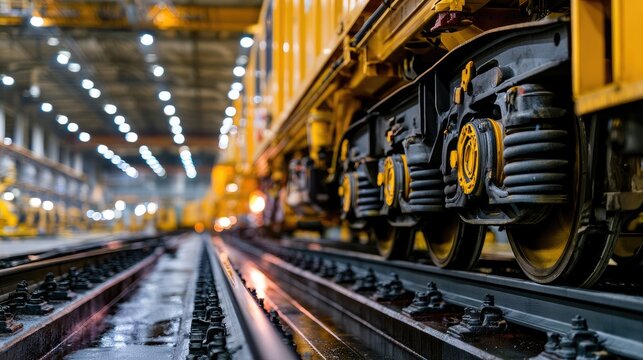 Close-up of heavy industrial train wheels on tracks in a bright, spacious workshop