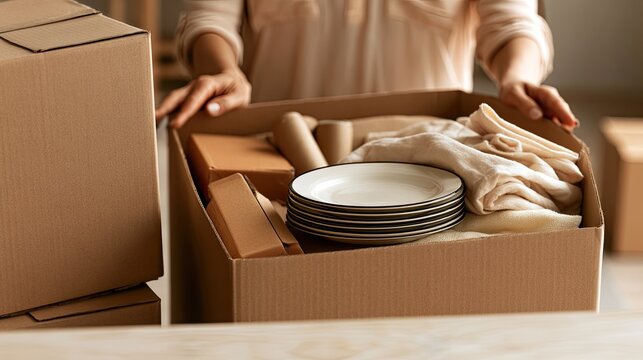 Hands hold a box filled with dishes, rolled items, and cloth