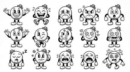 Fototapeta premium Cartoon vintage round characters emotions expressive comic style black and white retro illustration