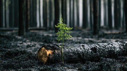 Fototapeta premium A single green sapling sprouts from a charred forest floor, amid dead trees