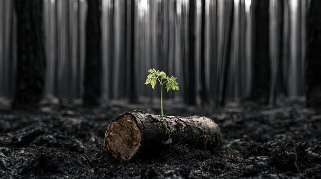 A single green sprout emerges from a burnt log in a charred forest