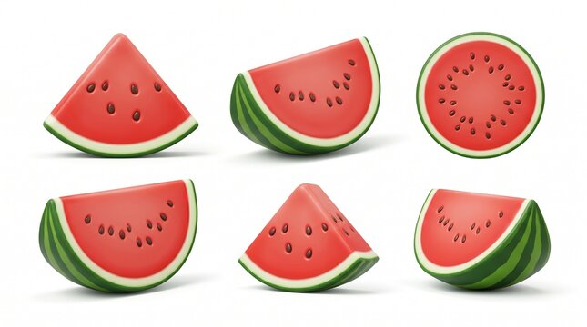Set of 3D red watermelon slices from different angles, isolated on a white background. Fruit icon in cartoon style for summer, food, tropical, design, and banner. 3d render of a 8k realistic portrait 