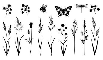 Naklejka premium Wild Grass and Flower Silhouette Vector Set with Hand Drawn Insect Illustrations