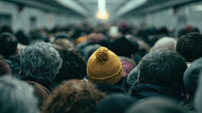 Yellow hat stands out in a dense, blurry crowd in a sterile tunnel