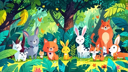 Fototapeta premium A vibrant illustration featuring various woodland animals, including foxes, rabbits, and dogs, surrounded by lush greenery and colorful foliage, capturing the essence of nature.