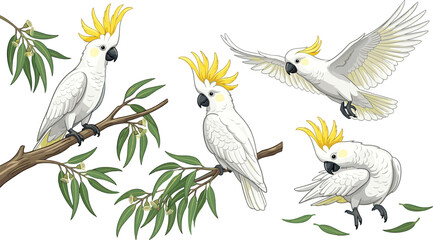 Sulphur Cavrested Cockatoo Vector Illustration Set Featuring Australian White Parrots Flying Sitting on Eucalyptus Branches and Preening Feathers on Isolated White Background © Sohel