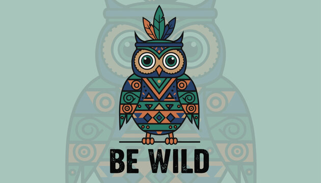 Tribal style owl illustration decorated with colorful geometric ethnic patterns and feathers with BE WILD text.