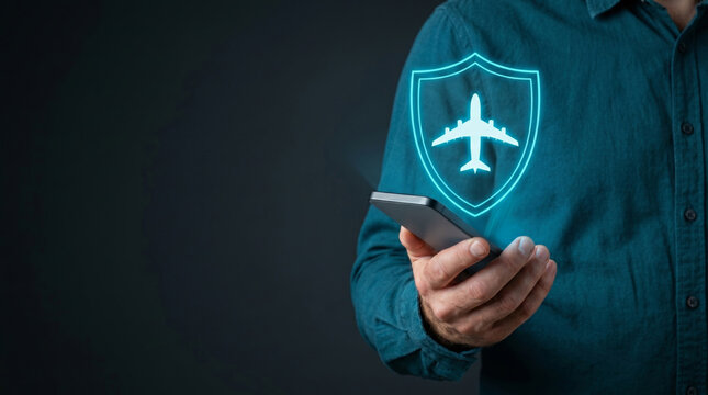 Insurance trip protection plans glow over smartphone display for travel safety coverage concept. Management policy assurance. global coverage risk security shield, service safety travel