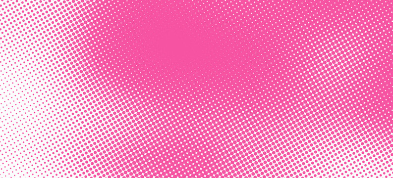 Pink pixel corner with a half tone raster pattern of small circles on a white background. Vector pop art vignette