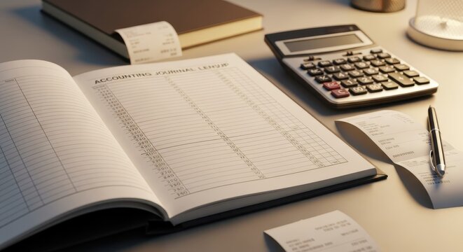 Open accounting journal ledger with calculator and receipts on a desk for financial record keeping