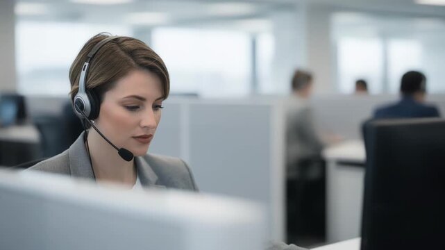 Medium shot of a health fund call center representative wearing a headset focused on the screen with blurred cubicles in the background.
