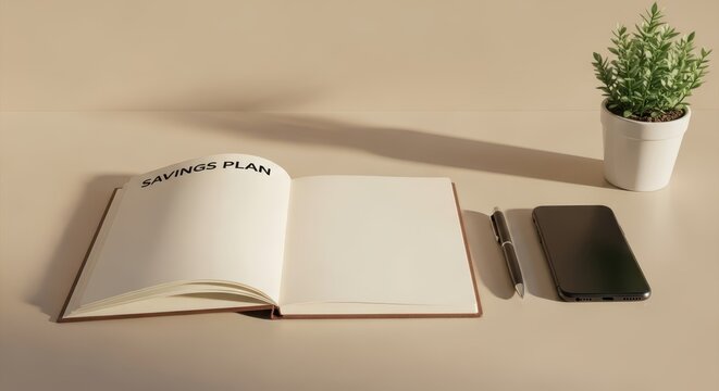 Open savings plan notebook with pen and dark cover on a light surface