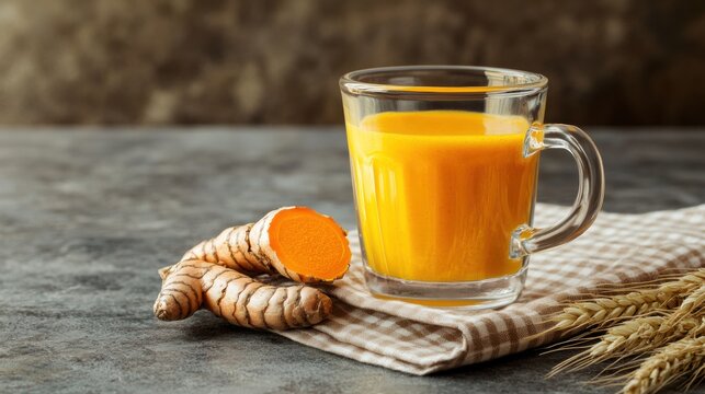 Fresh turmeric root and a glass of turmeric drink on a rustic table with wheat ears