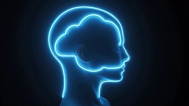 Neon outline of human head with cloud brain