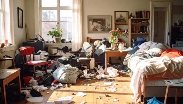 Extremely cluttered and messy bedroom filled with trash and laundry.