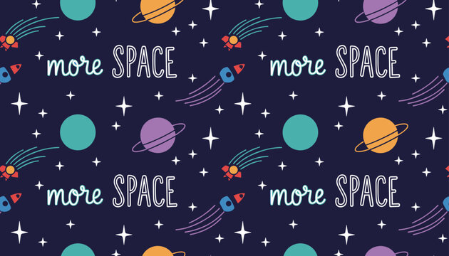 Cute outer space seamless pattern featuring colorful rockets, planets, comets, stars, and the text more space on a dark background.