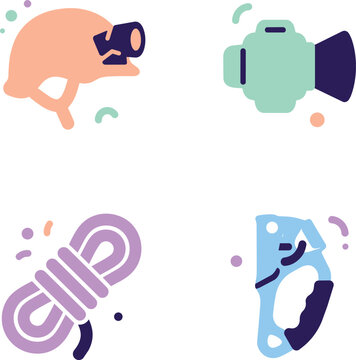 A collection of colorful icons depicting essential rock climbing and mountaineering equipment, including a helmet with a headlamp, a belay device, a coiled rope, and a handled ascender.