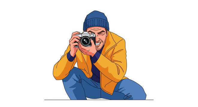 A man in a blue beanie and yellow jacket crouches, smiling slightly while looking through the viewfinder of a camera.