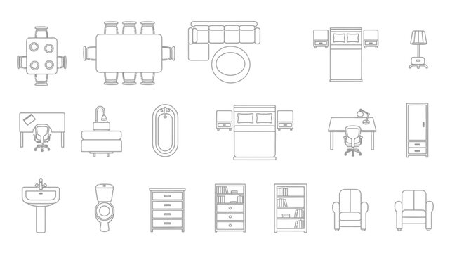 Black and white line art icons of various household objects and tools.