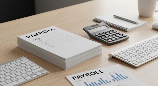 Stack of payroll documents and financial tools on a wooden office desk