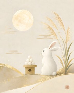 Minimal moon viewing rabbit illustration on Japanese paper background