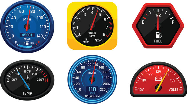 Car Dashboard Gauge Icon Set with Speedometer Tachometer Fuel Indicator Temperature Sensor and Voltmeter for Automotive App Interface Designs