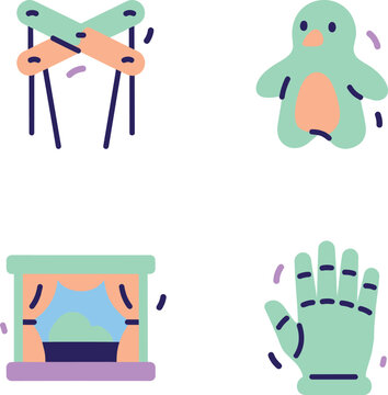 Icons depicting a puppet control, a penguin puppet, a puppet theater stage, and a hand puppet.