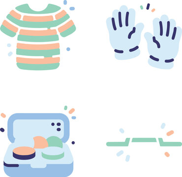 A collection of four icons showing a striped t-shirt, a pair of gloves, an open makeup compact, and a broken electrical cable.