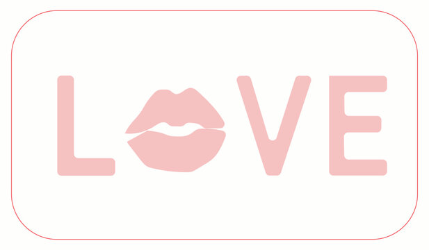 Love text with pink lips rounded red border typography