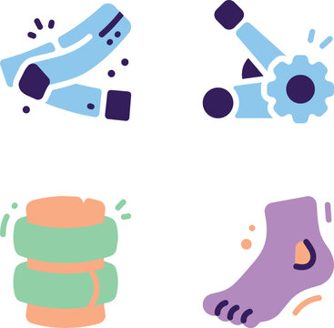 Four icons illustrating common joint and body pain, including elbow, spine, and foot issues.