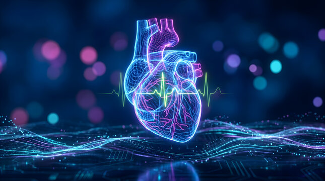 Neon digital human heart anatomy with ekg pulse waveform and futuristic technology background for medical research and healthcare technology concept graphics