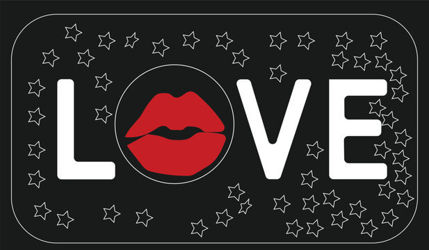 Love text with red lips and white star outlines on black background