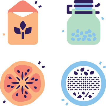 A collection of four icons depicting seed packets, a jar of seeds, a fruit cross-section, and a seed sieve.