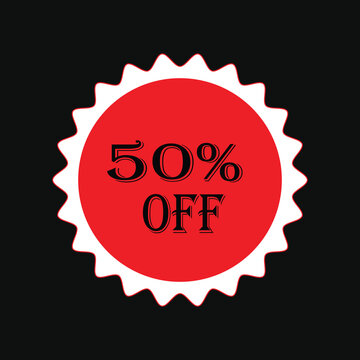 Red and white serrated circular badge with 50 percent off text