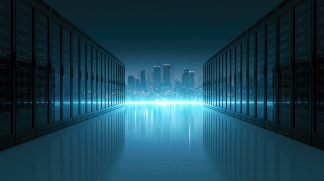 Rows of dark server racks flank a glowing, futuristic city skyline in a digital world