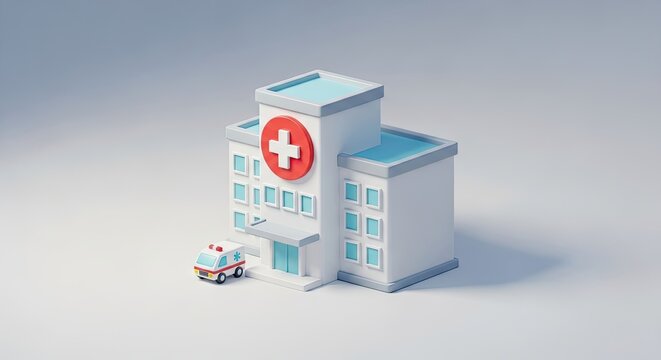 A cartoon hospital building with a red cross on top and a small ambulance car in front.
