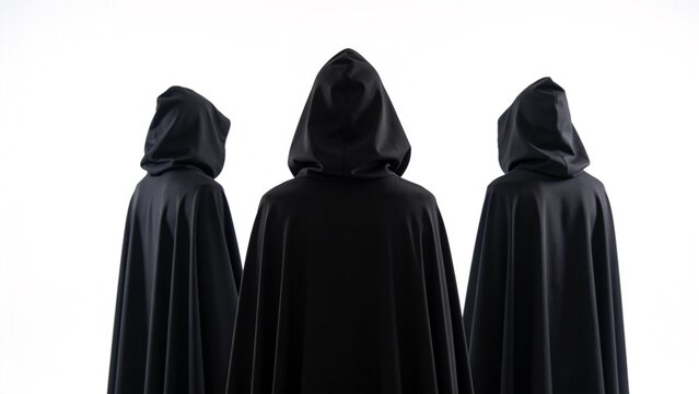 Three figures in black hooded cloaks