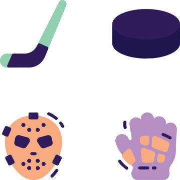 A collection of four flat design icons representing ice hockey equipment, including a stick, puck, goalie mask, and glove, set against a white background.
