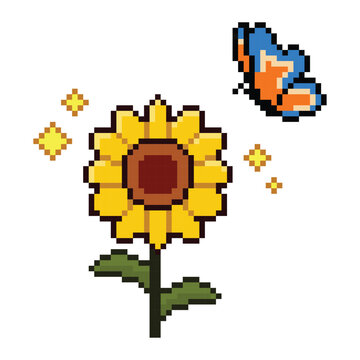 Pixel Art Sunflower and Butterfly Cute Nature Retro 8 Bit Illustration